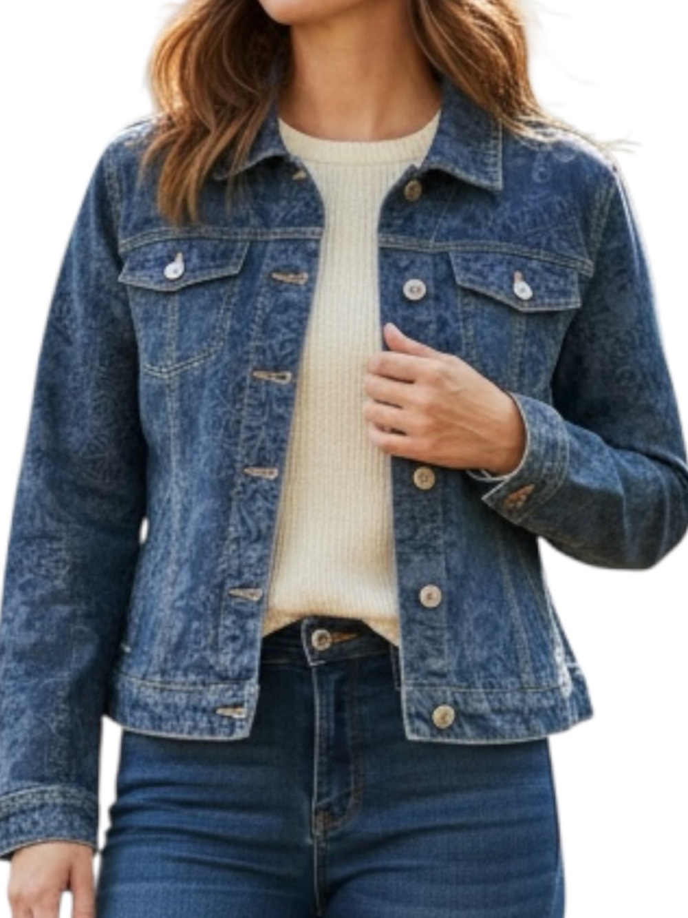 Chico’s Denim Jacket Jacquard Floral Blue Button Front Women’s Size 12